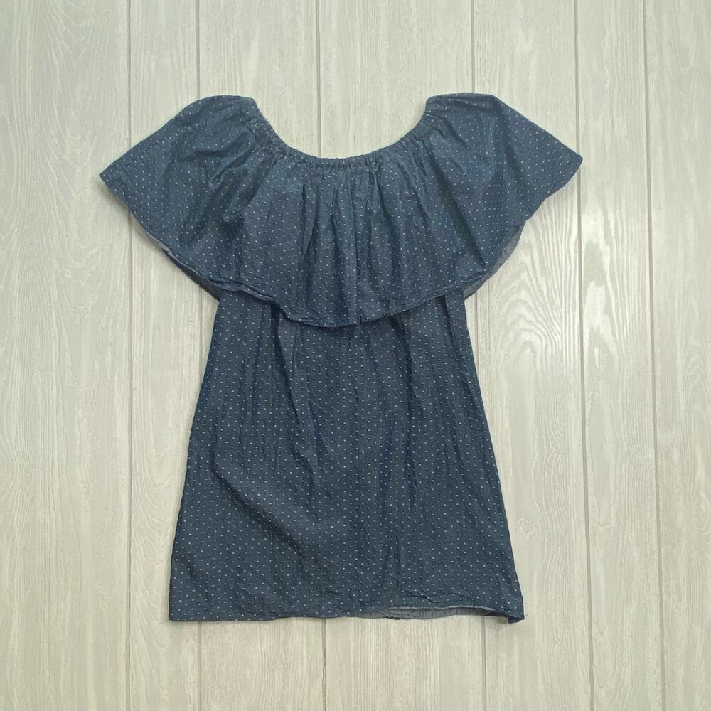 Natalie Deayala Blue Chambray Polka Dot Mini Off Shoulder Dress Size XS